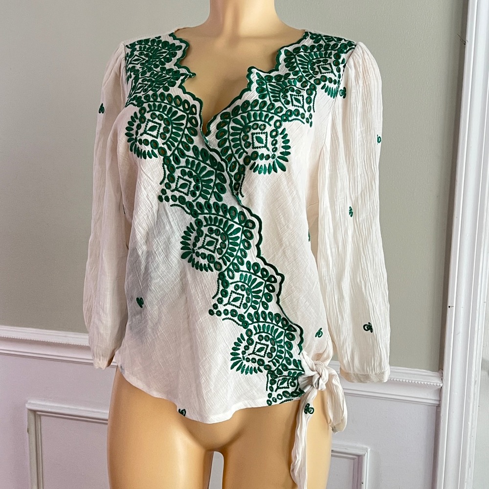 Hope Springs Boho Blouse L Womens Scalloped V-Neck Side Tie White Green - Picture 8 of 11